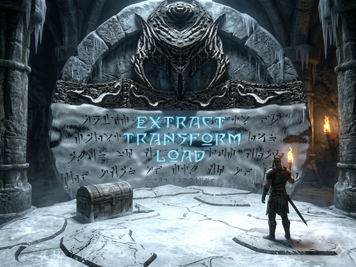 A dungeon wall inscribed with "Extract Transform Load"